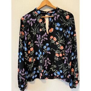 Womens Lush Floral Print Choker Neck Black Spring Summer Blouse Top Size Medium